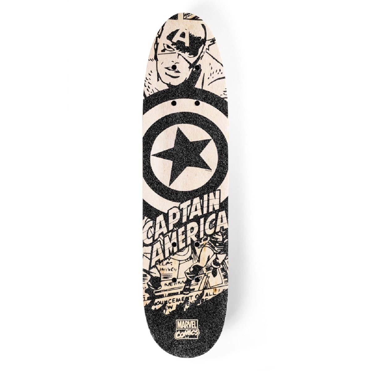 Captain America Skateboard. Zeigt Captain America mit Schild und Comic-Design.