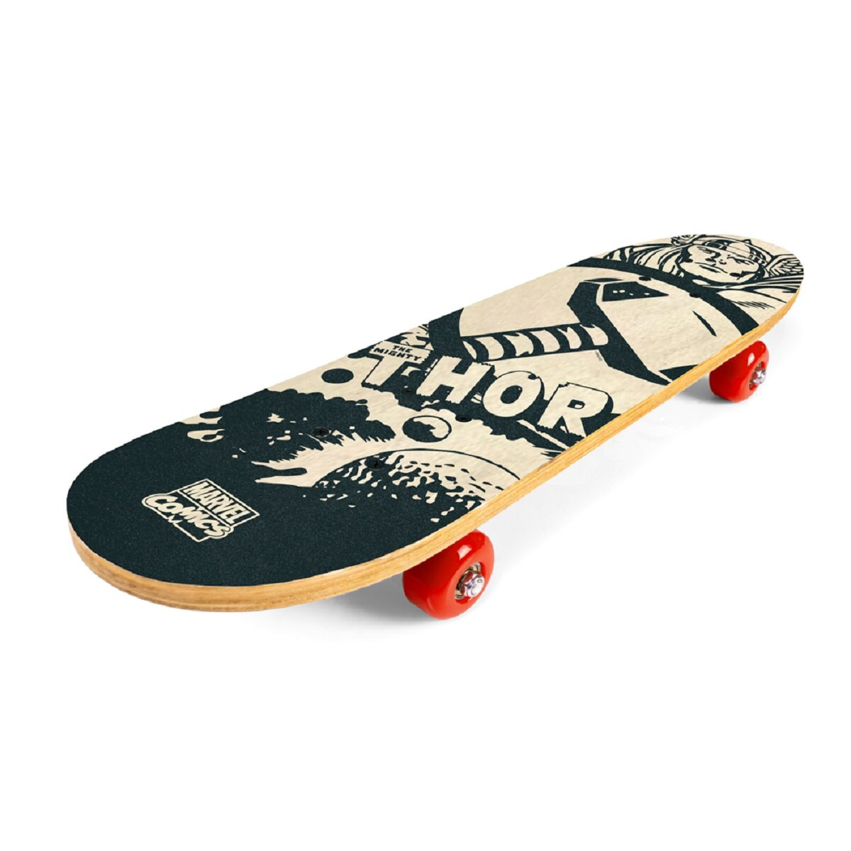Thor Skateboard mit Comic-Kunst. Zeigt Thor mit Hammer. Rote Rollen.