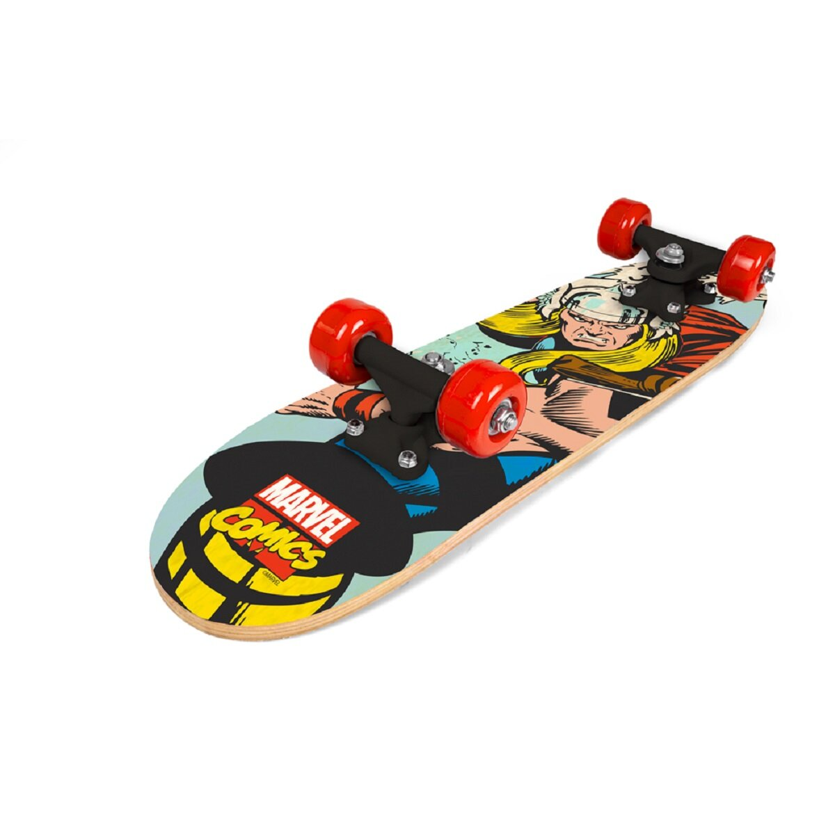 Thor Skateboard mit Thor und Marvel Comics Design. Mit roten Rollen.