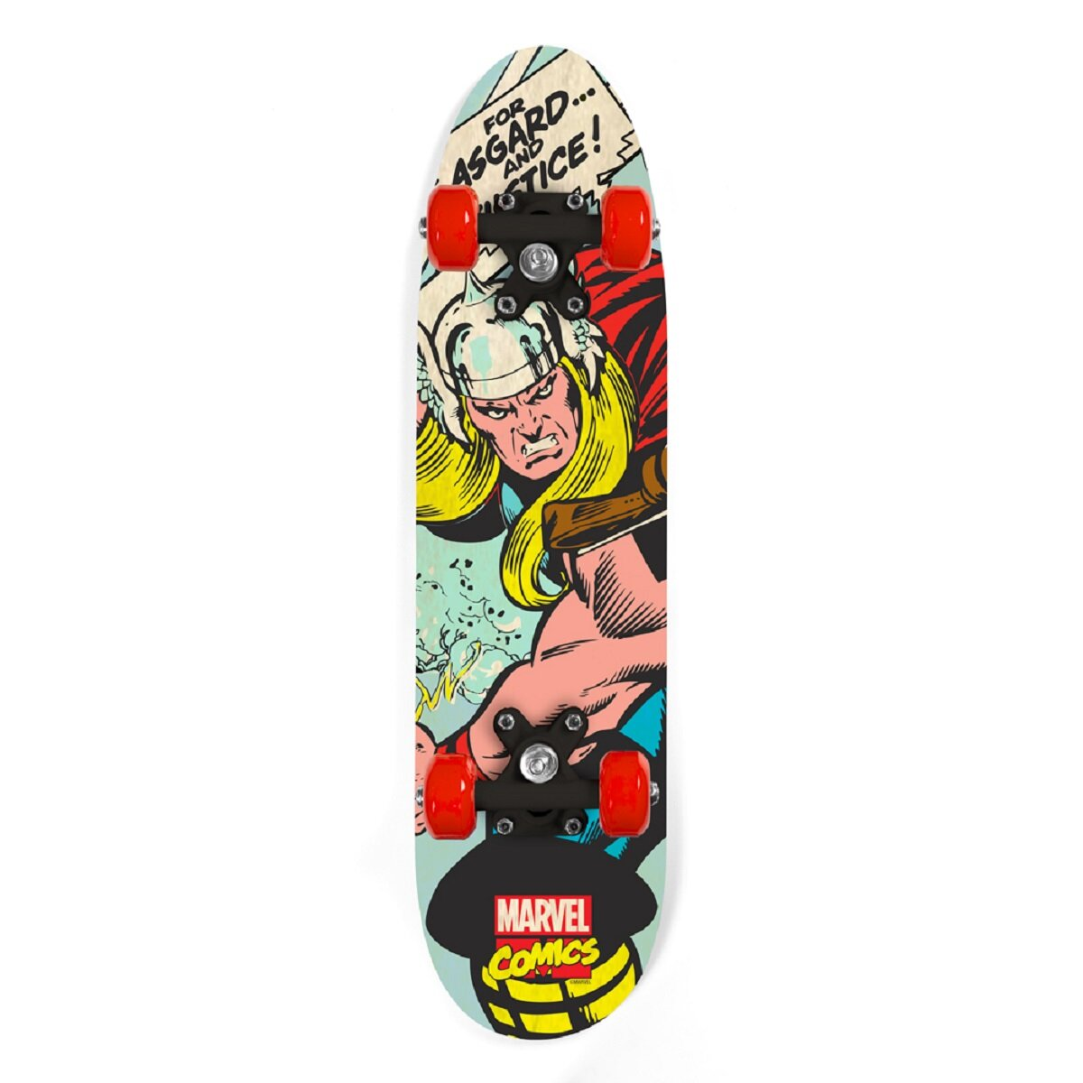 Thor Skateboard mit Thor-Illustration und Comic-Design. Rote Rollen.