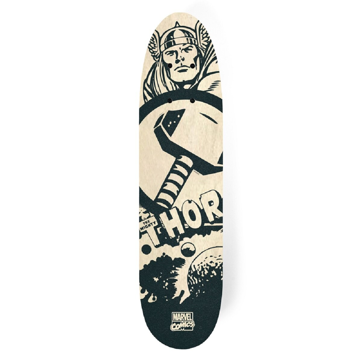 Thor-Skateboard mit schwarz-weißem Comic-Design. Mit Thors Bild und seinem Hammer.
