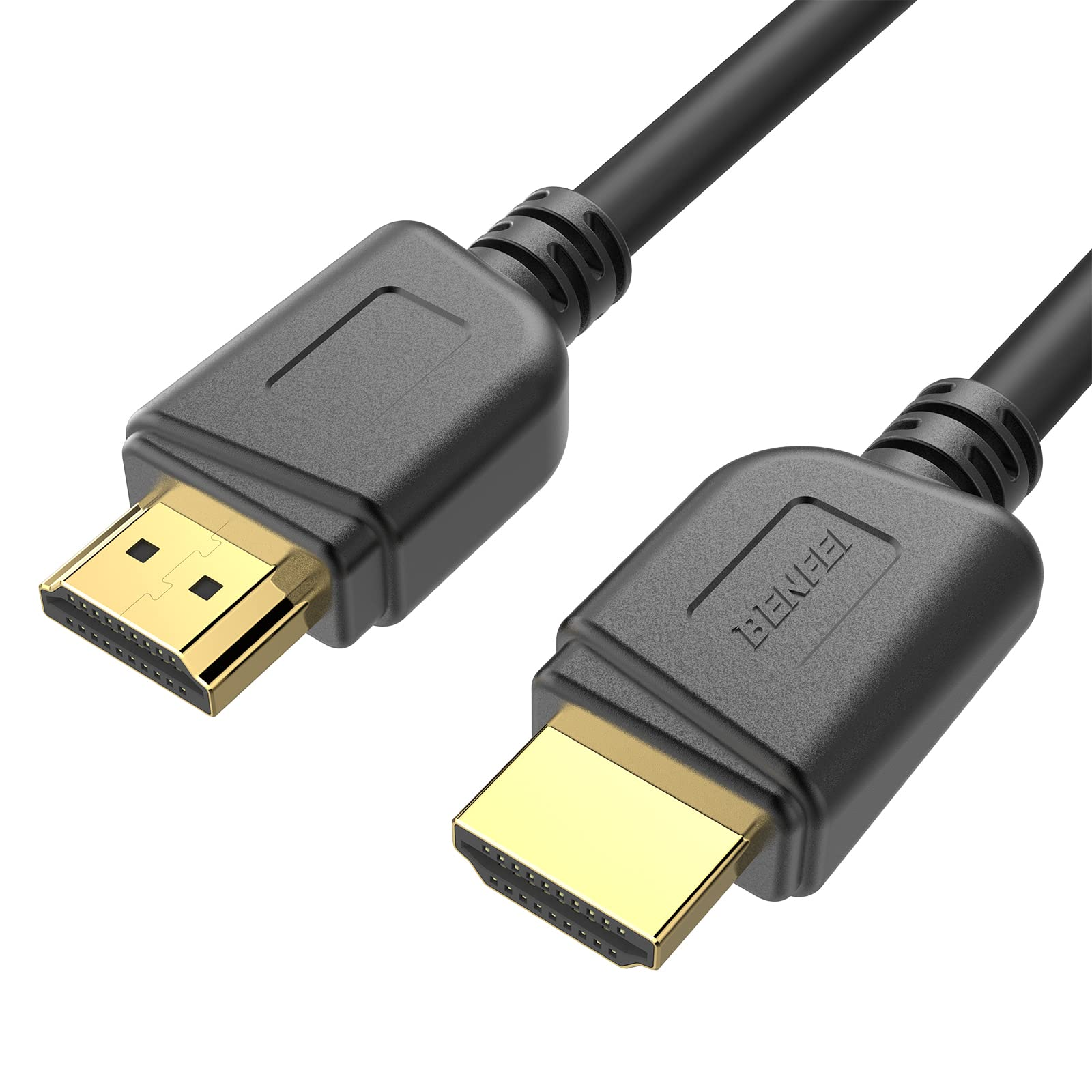 Schwarzes HDMI-Kabel mit zwei schwarzen Steckern und goldfarbenen Pins. Die Stecker haben ein BENFEI-Etikett.