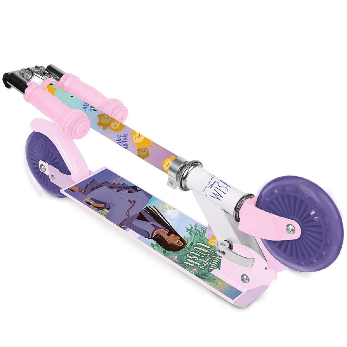 Rosa Roller mit lila Rädern. Er hat ein Disney "Make a Wish"-Thema.