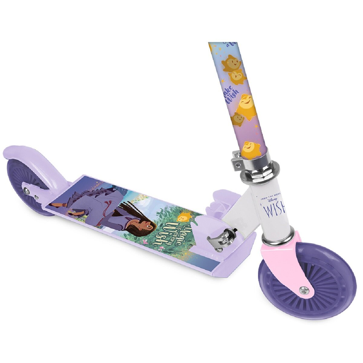 Rosa Roller mit lila Rädern. Er hat ein Disney "Make a Wish"-Thema.