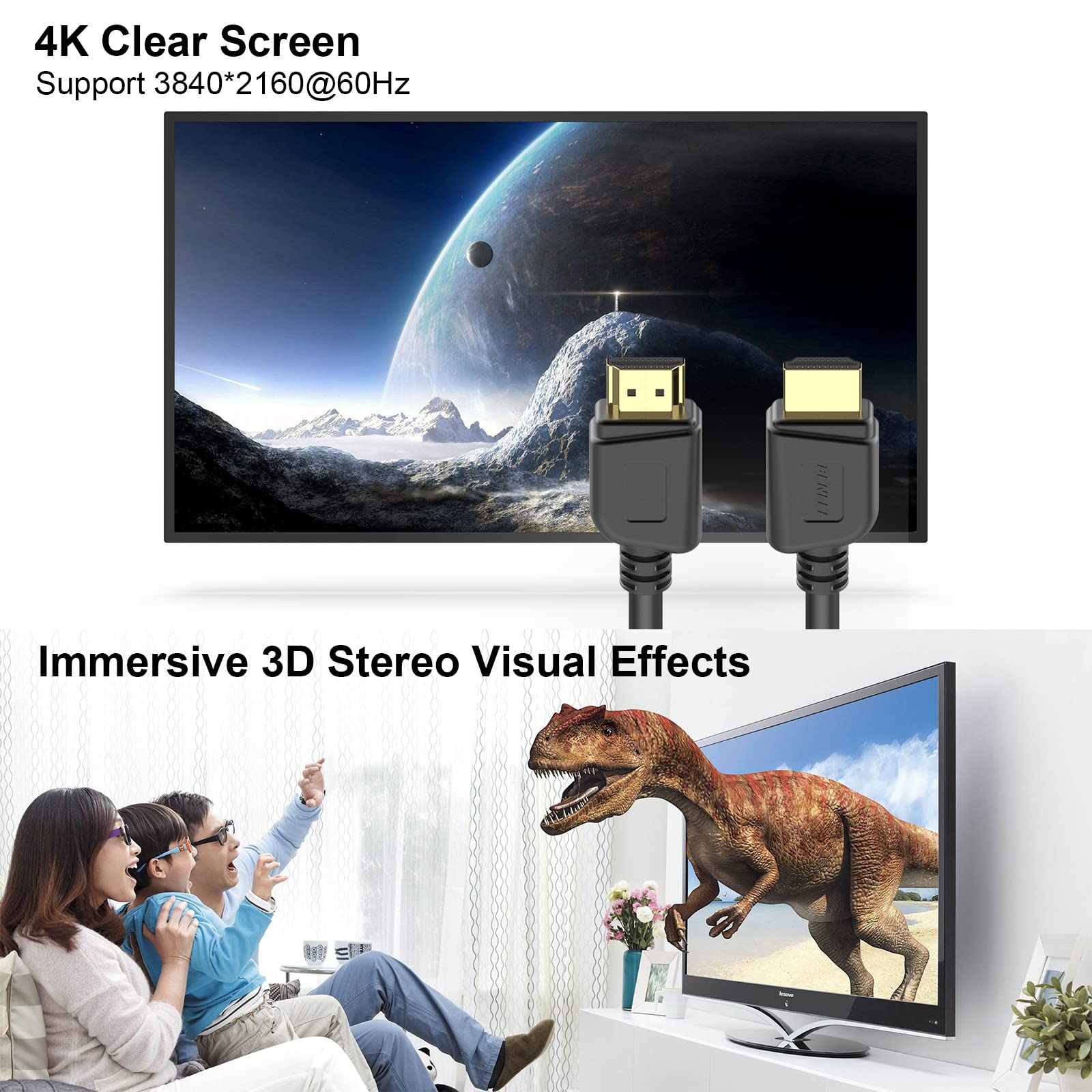 Ein Fernsehbildschirm zeigt eine Dinosaurierszene. Darunter schaut eine Familie fern und hat immersive Effekte.