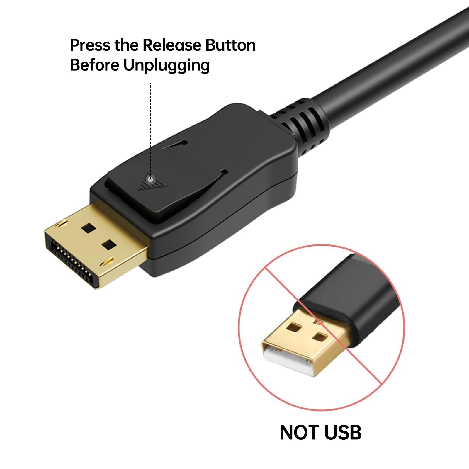 Ein DisplayPort-zu-HDMI-Kabel mit einer Warnung zum Abziehen. Der USB-Anschluss ist als nicht USB gekennzeichnet.