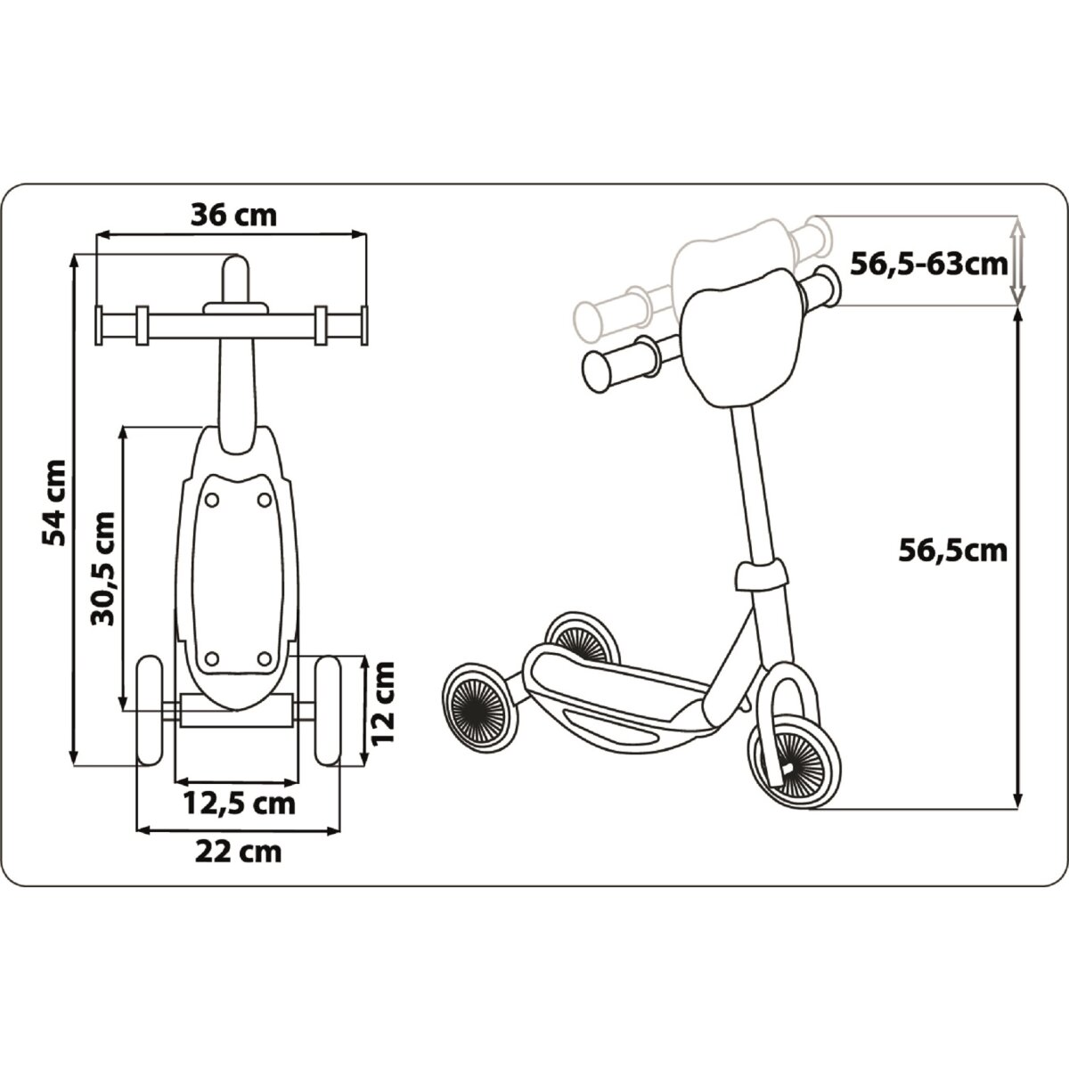 Diagramm eines Rollers mit Abmessungen. Zeigt Höhe, Breite und Länge des Rollers.