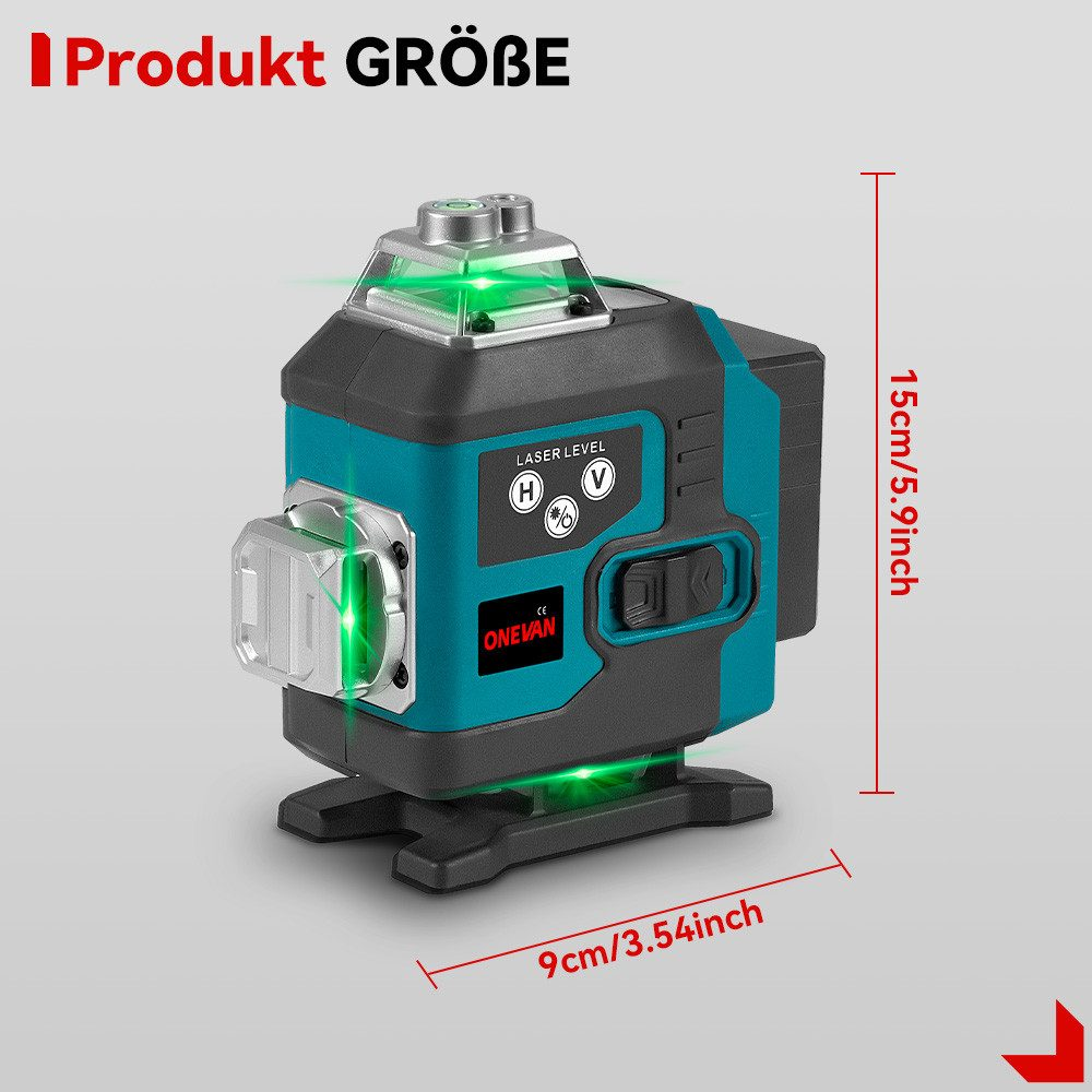 Ein türkisblaues Laser-Nivelliergerät mit grünem Licht. Es hat eine schwarze Basis und zeigt Produktabmessungen.