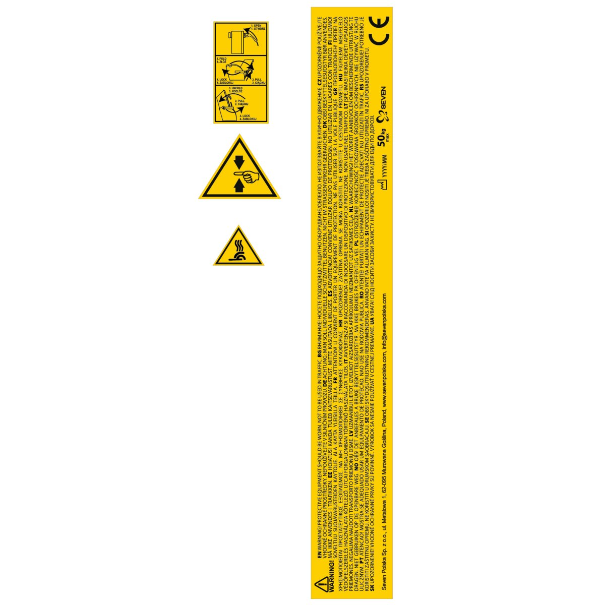 Ein Warnschild mit Symbolen und Text in mehreren Sprachen. Es warnt vor Schutzkleidung.