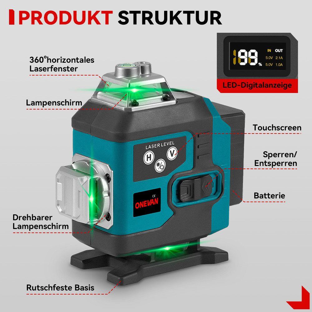 Ein türkisblaues Laser-Nivelliergerät mit grünem Licht. Es hat einen Touchscreen und zeigt Produktmerkmale.
