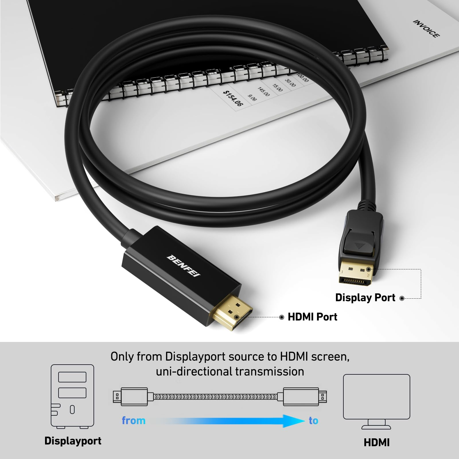 Ein schwarzes HDMI-Kabel mit DisplayPort- und HDMI-Anschlüssen. Zeigt die Richtung des Signals.