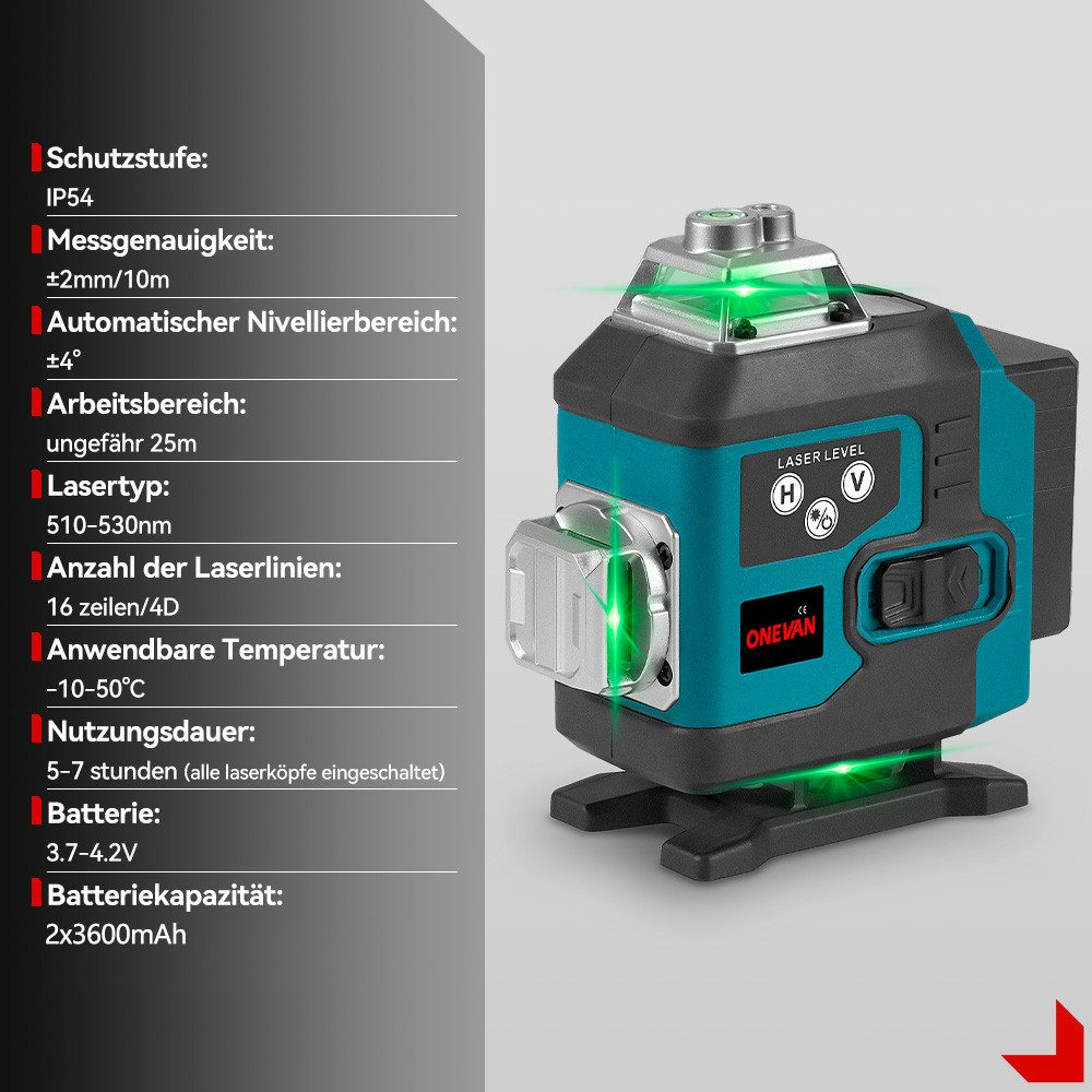 Ein türkis-schwarzes Laser-Niveau. Spezifikationen sind links aufgeführt.