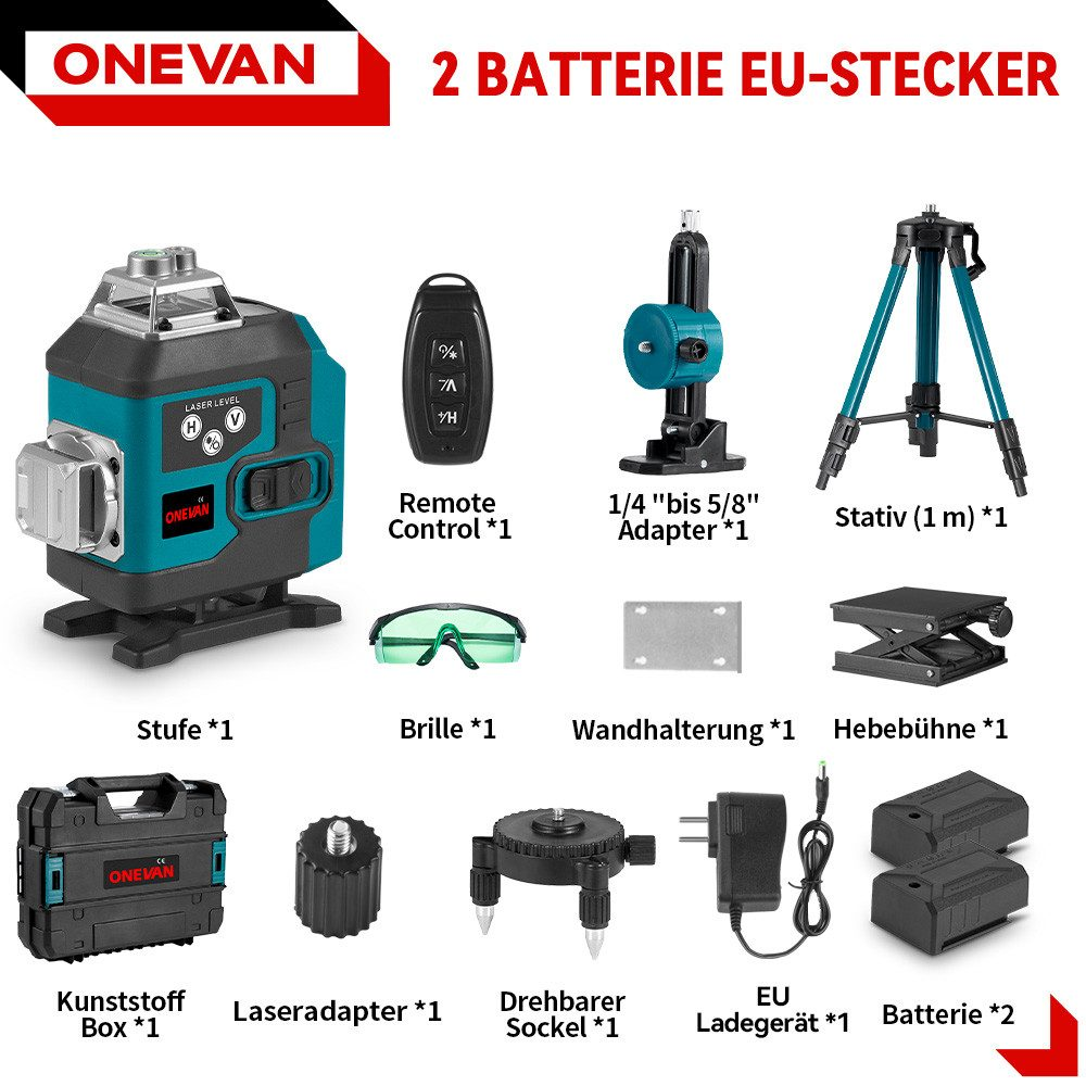 Ein Laser-Niveau-Kit mit Zubehör: Fernbedienung, Adapter, Ständer, Brille und Batterien.