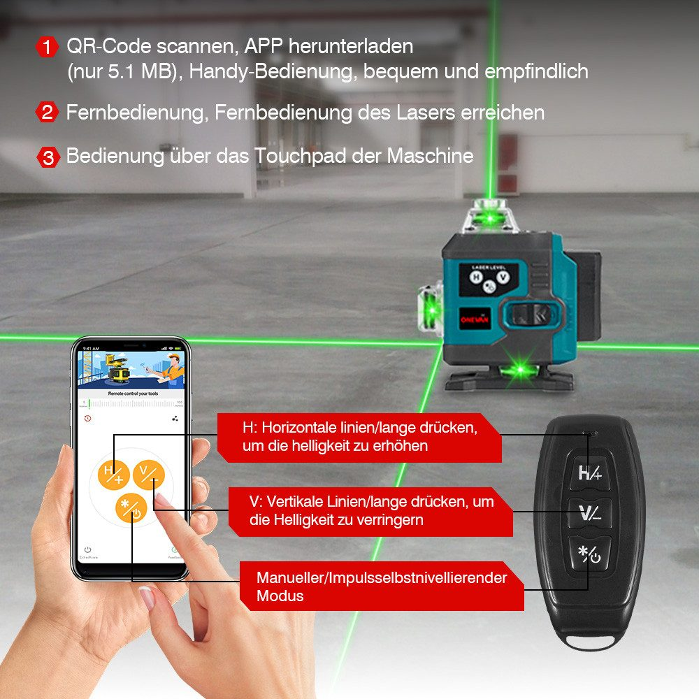 Laserwaage mit Fernbedienung und App-Oberfläche. Roter Text hebt Funktionen und Anweisungen hervor.