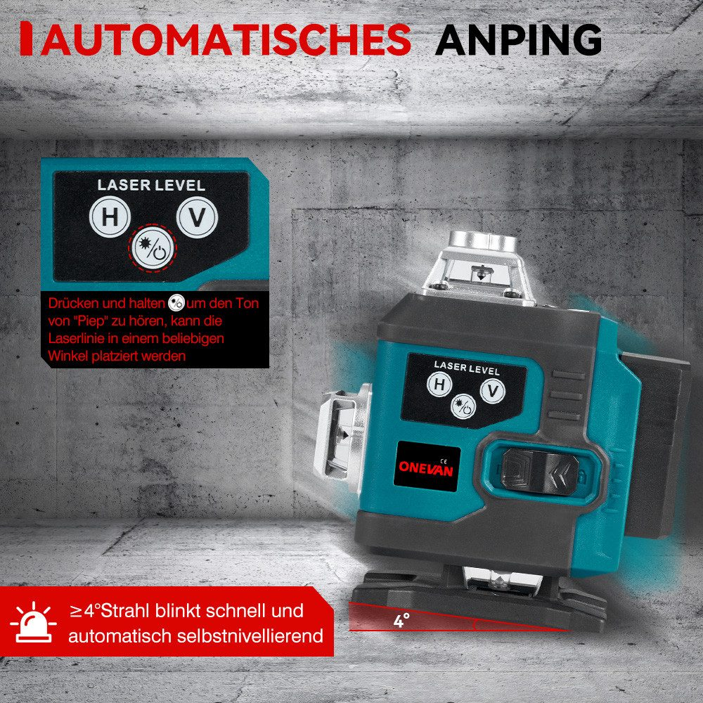 Laserwaage mit Text. Text erklärt die Funktionen des Geräts. Das Gerät ist teal und schwarz.