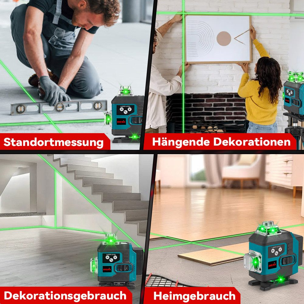 Laserwaage in verschiedenen Anwendungen: Messen, Aufhängen von Dekorationen und Heimgebrauch.