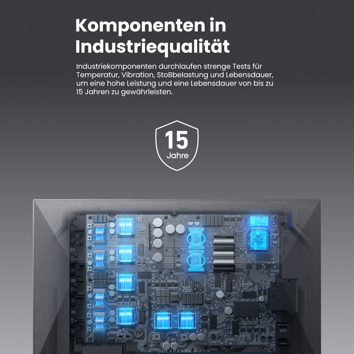 Nahaufnahme der Leiterplatte mit blauen Lichtern. Text: '15 Jahre' Garantie, 'Industriequalität'.