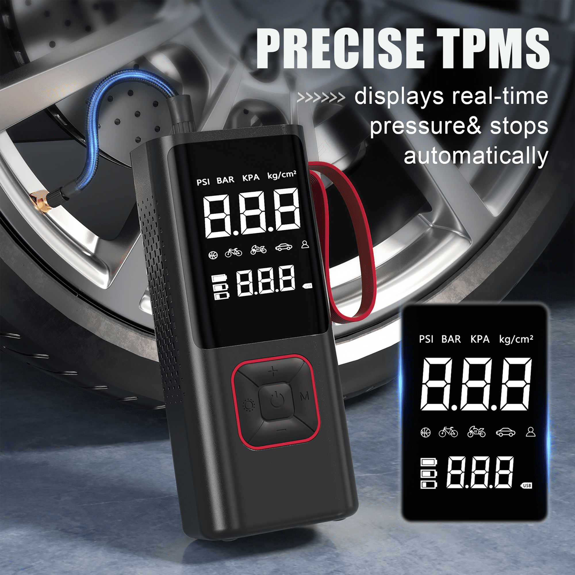 Ein schwarzer digitaler Reifenfüller zeigt den Druck an. Ein kleineres Display befindet sich an der Seite. Text: Präzises TPMS.