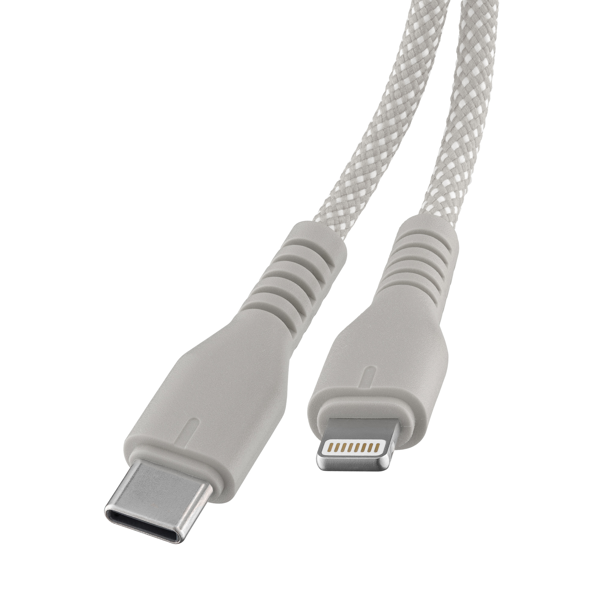 Graues USB-C-auf-Lightning-Kabel, beide Enden sichtbar.