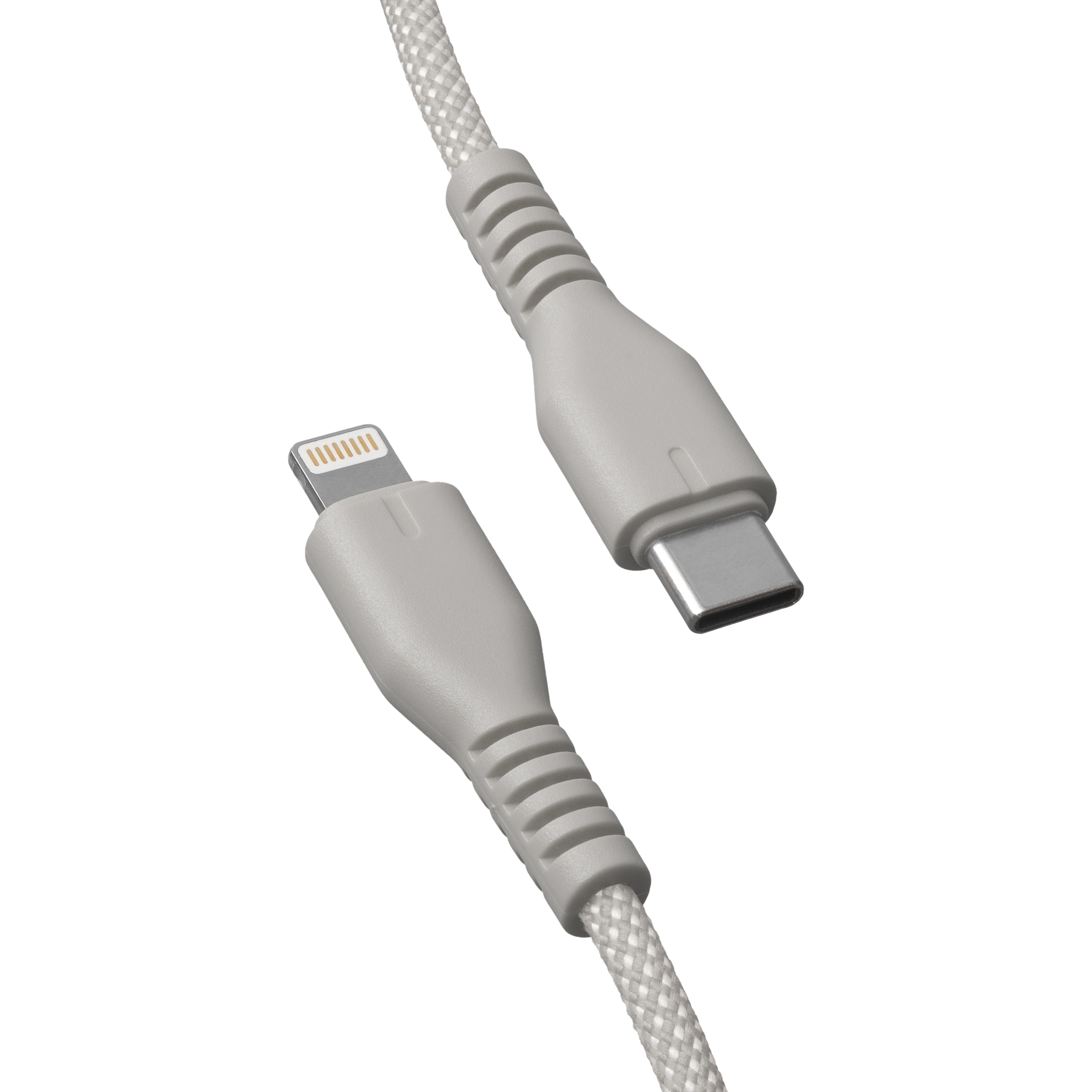 Ein weiß-graues Kabel mit einem iPhone-Anschluss und einem USB-C-Anschluss. Das Kabel hat eine geflochtene Textur.