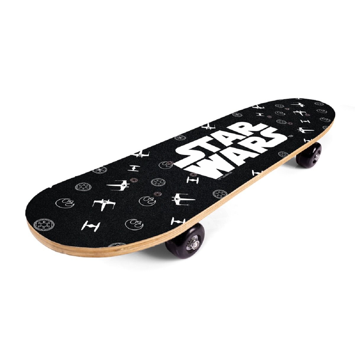 Star Wars Skateboard-Deck, weiß mit schwarzem Logo. Text: STAR WARS.