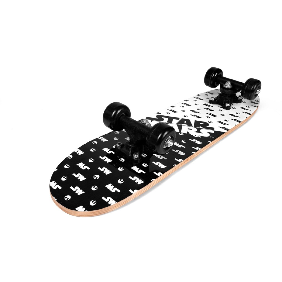 Star Wars Skateboard-Deck, weiß mit schwarzem Logo. Text: STAR WARS.