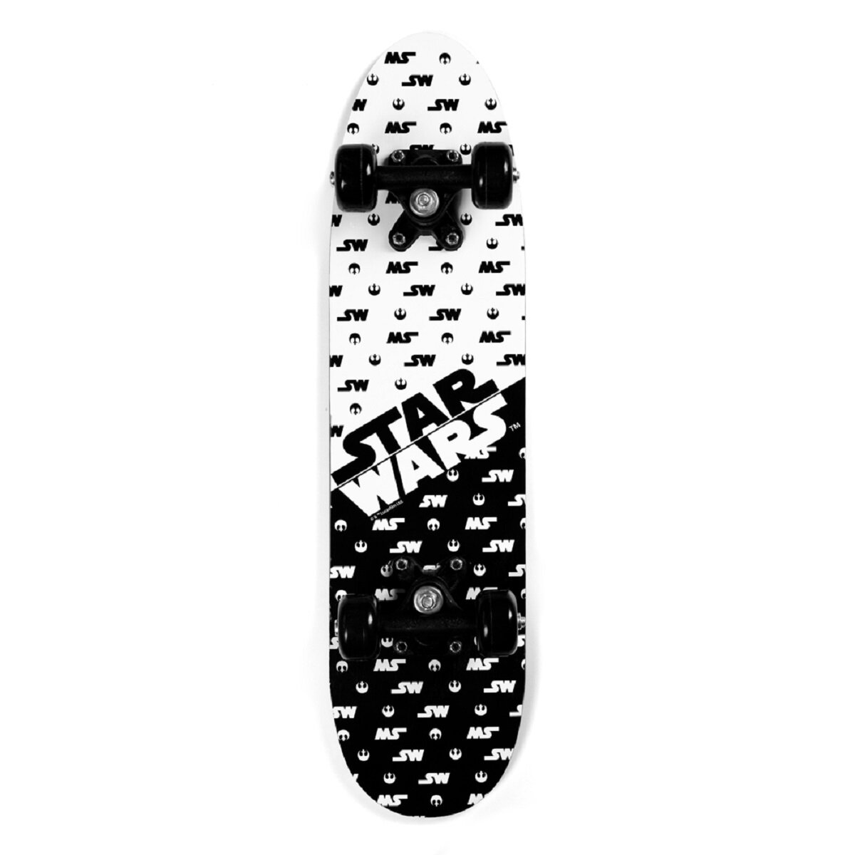 Star Wars Skateboard mit schwarz-weißem Design, isoliert auf weißem Hintergrund.
