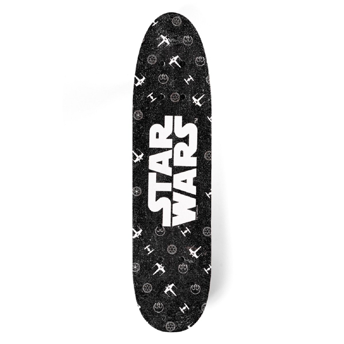 Schwarzes Star Wars Skateboard mit weißem Logo und Mustern auf weißem Hintergrund.