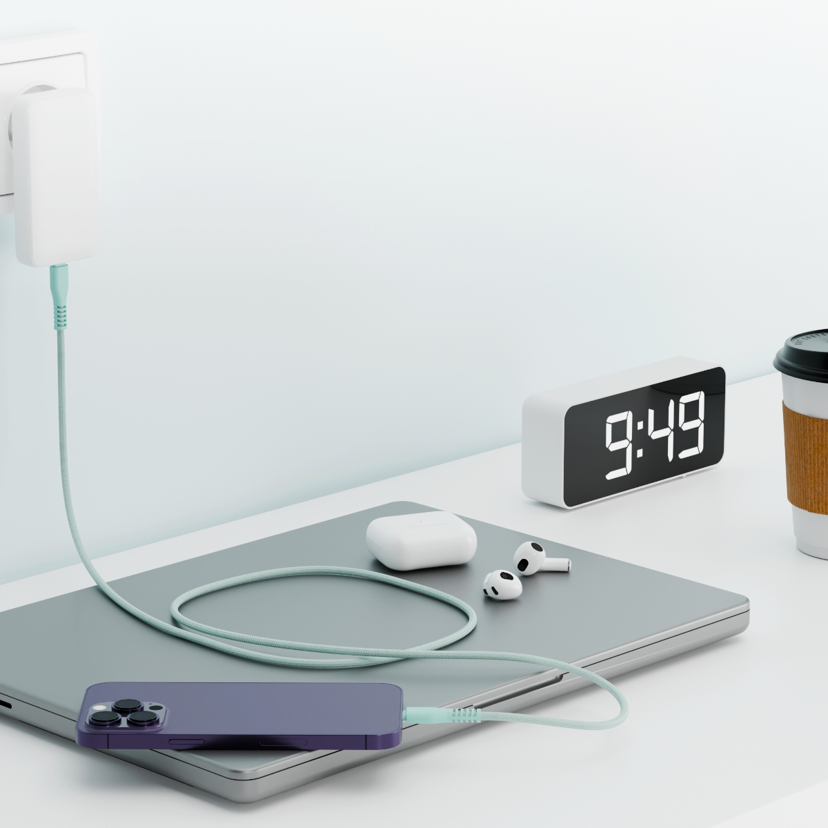 Laptop ładujący się kablem, słuchawki, budzik i filiżanka kawy na biurku.