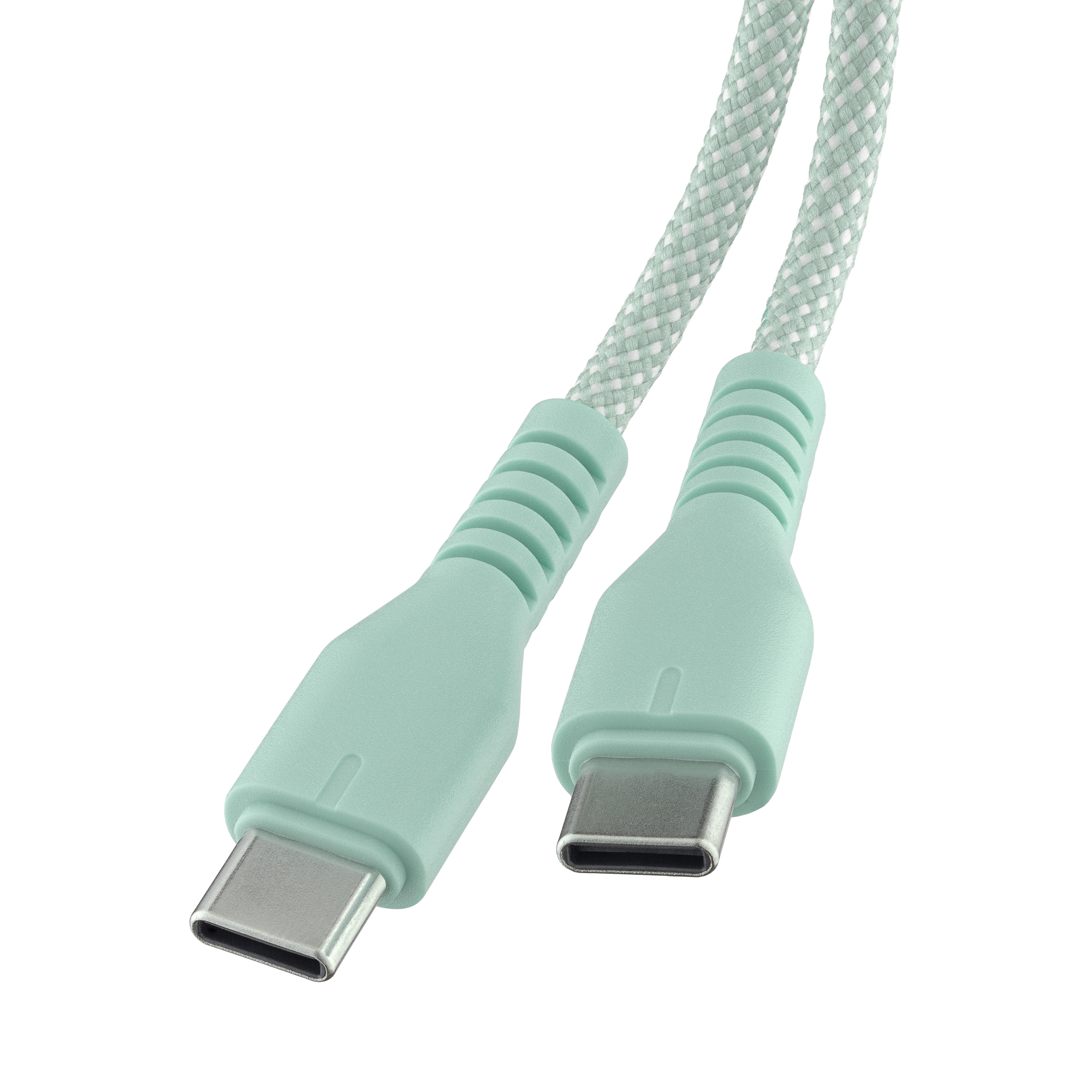 Dwa miętowo-zielone kable USB-C ze złączami na obu końcach. Tkana tekstura zapewnia nowoczesny wygląd.