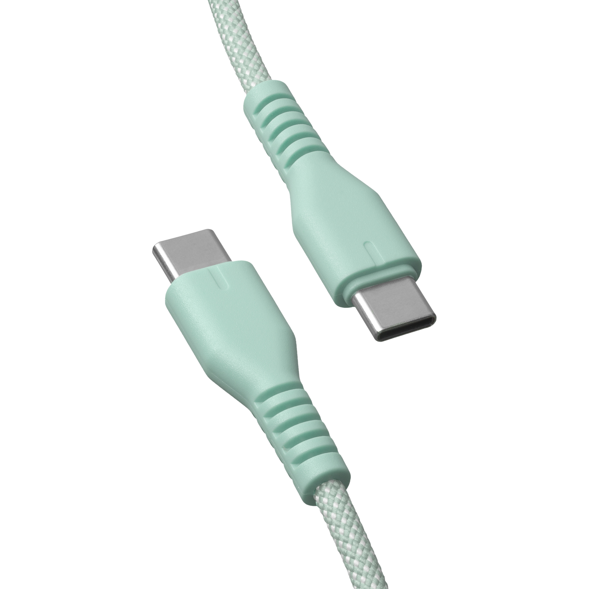 Dwa miętowe kable USB-C z plecionym wzorem, na białym tle.
