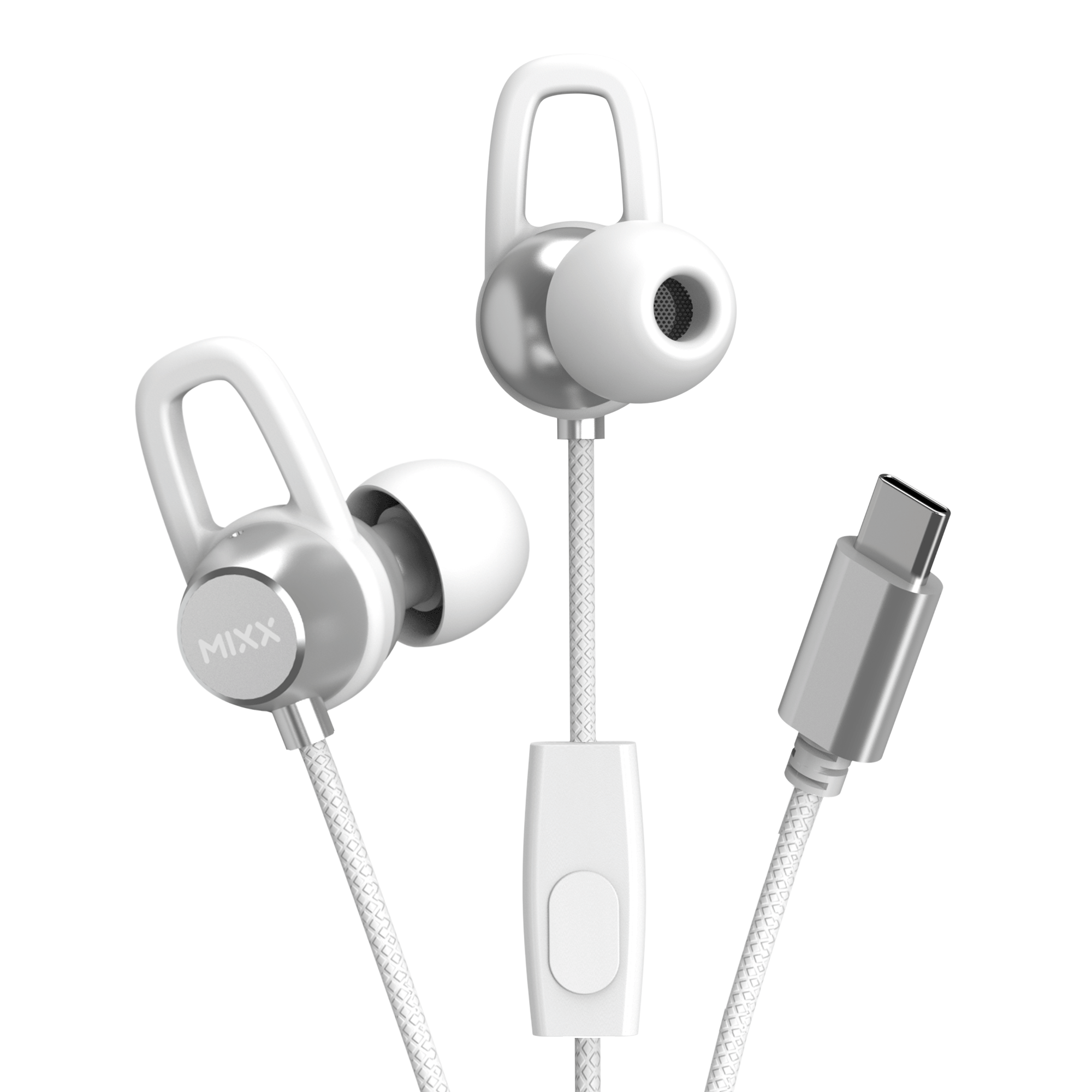 Auricolari bianchi con connettore USB-C. Hanno un accento argentato e un cavo bianco.