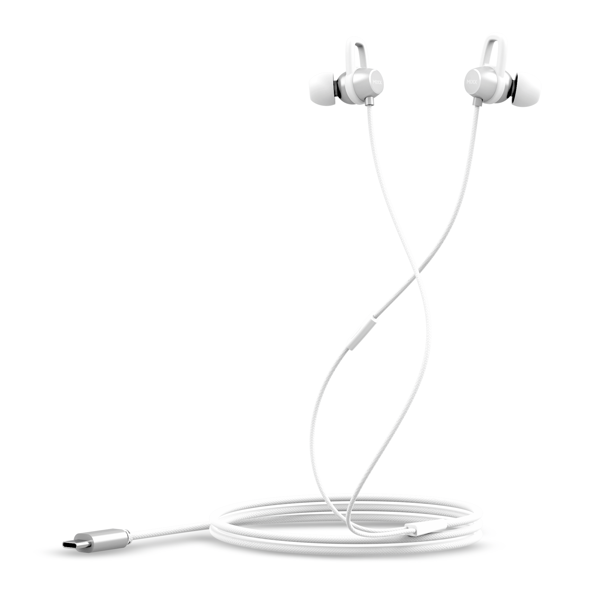 Auricolari bianchi con connettore USB-C e cavo bianco, isolati su sfondo bianco.