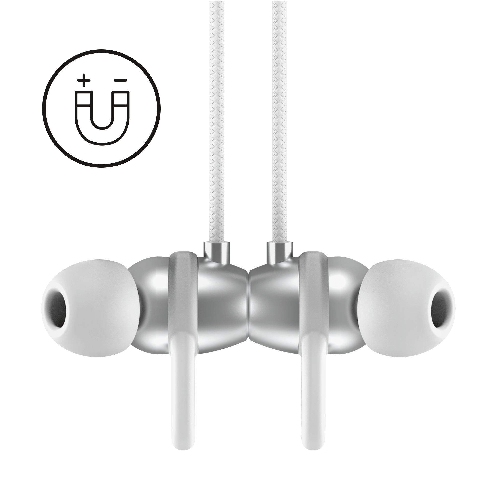 Auricolari bianchi con simbolo magnetico. Design bianco e argento, sfondo bianco.