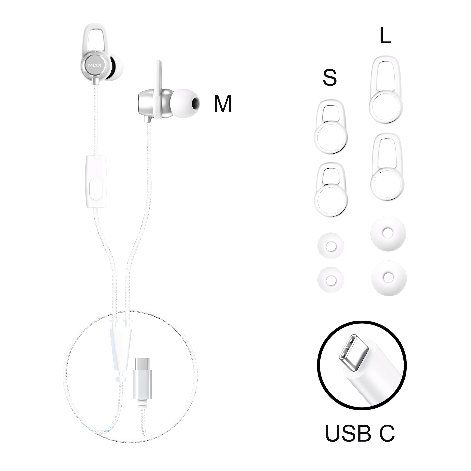 Auricolari bianchi con gommini intercambiabili, connettore USB-C e cavo.