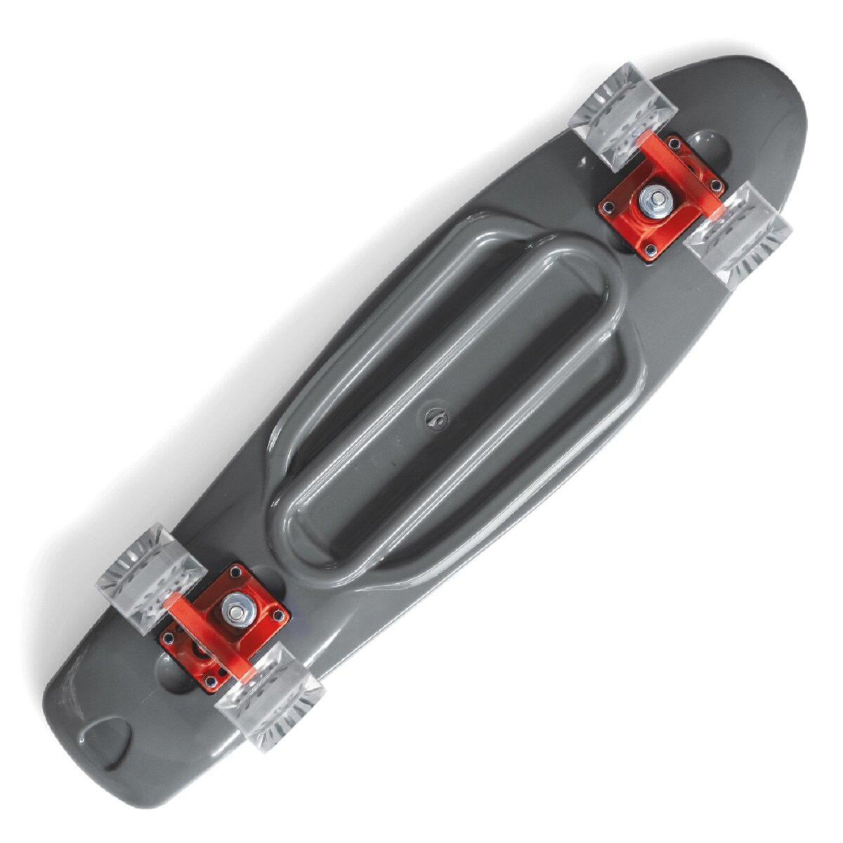 Graues Skateboard von oben. Rote, silberne und transparente Räder. Weißer Hintergrund.