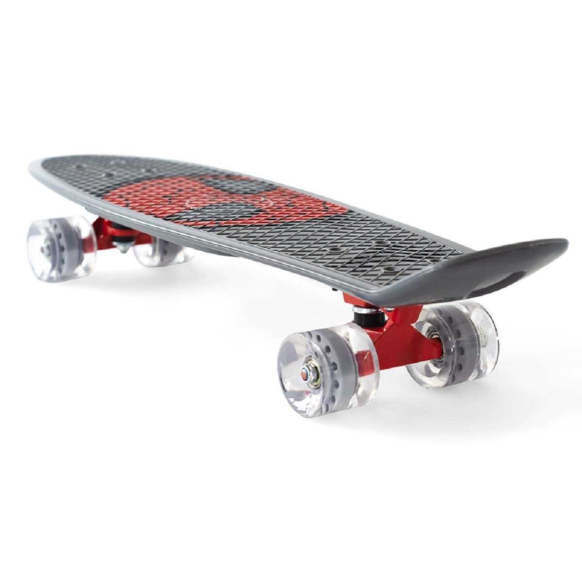 Ein Skateboard mit rotem und grauem Design, transparenten Rollen und schwarzem Griff.
