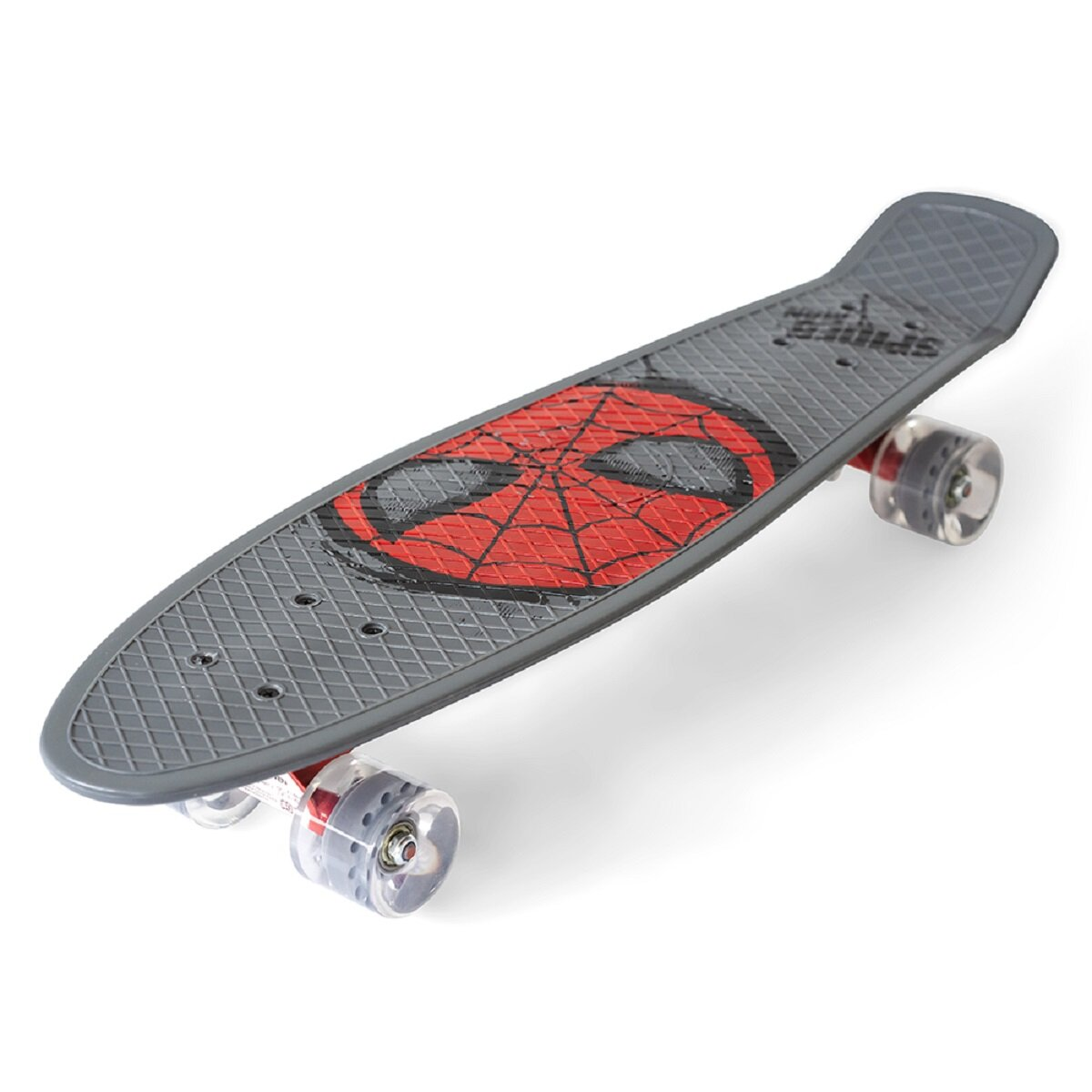 Graues Spider-Man-Skateboard. Rotes Spider-Man-Gesicht-Design oben. Transparente Räder.