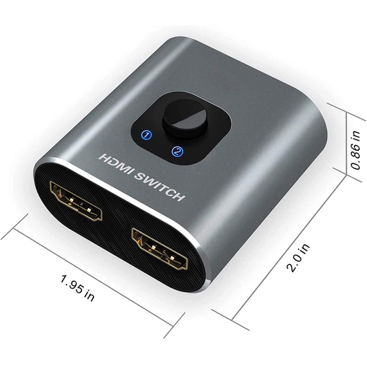 Grauer HDMI-Switch mit zwei Eingangsanschlüssen und einem Bedienknopf. Merkmale Abmessungen in Zoll.