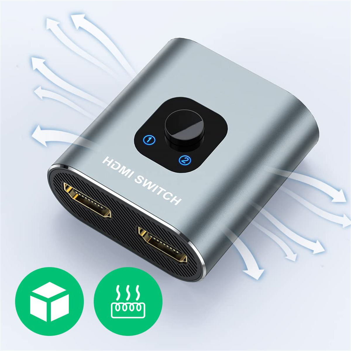 Grauer HDMI-Switch mit zwei Anschlüssen und einem Knopf. Pfeile zeigen den Luftstrom an. Symbole: Box, Signal.