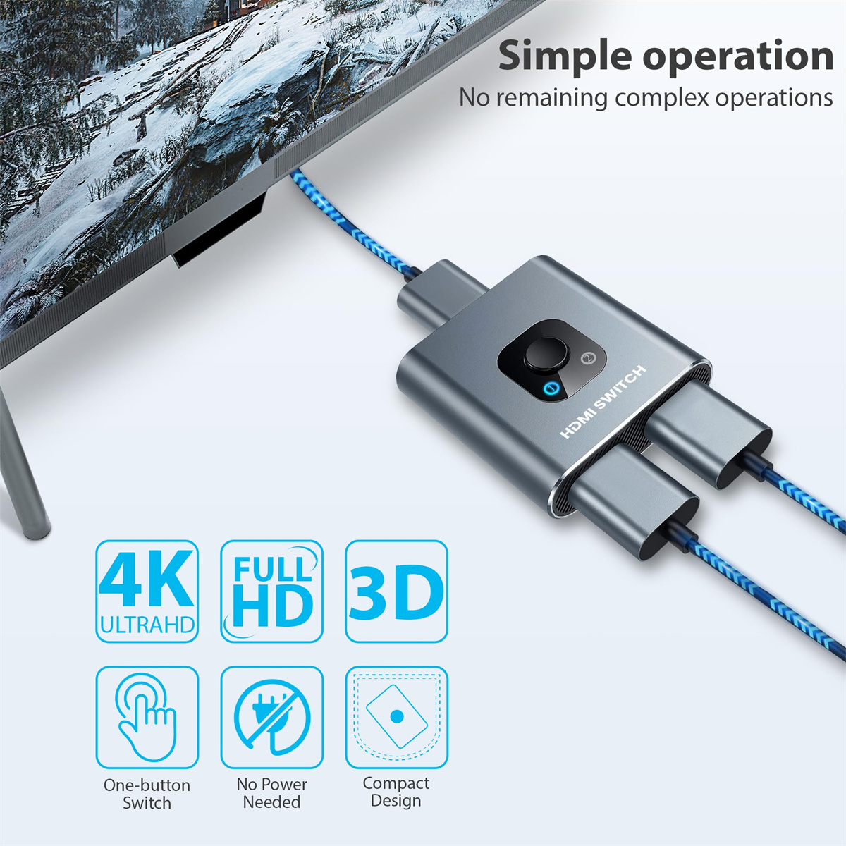 Grauer HDMI-Switch. Text: 4K Ultra HD, Full HD, 3D. Symbole: Ein-Knopf-Schalter, kein Strom erforderlich, kompaktes Design.