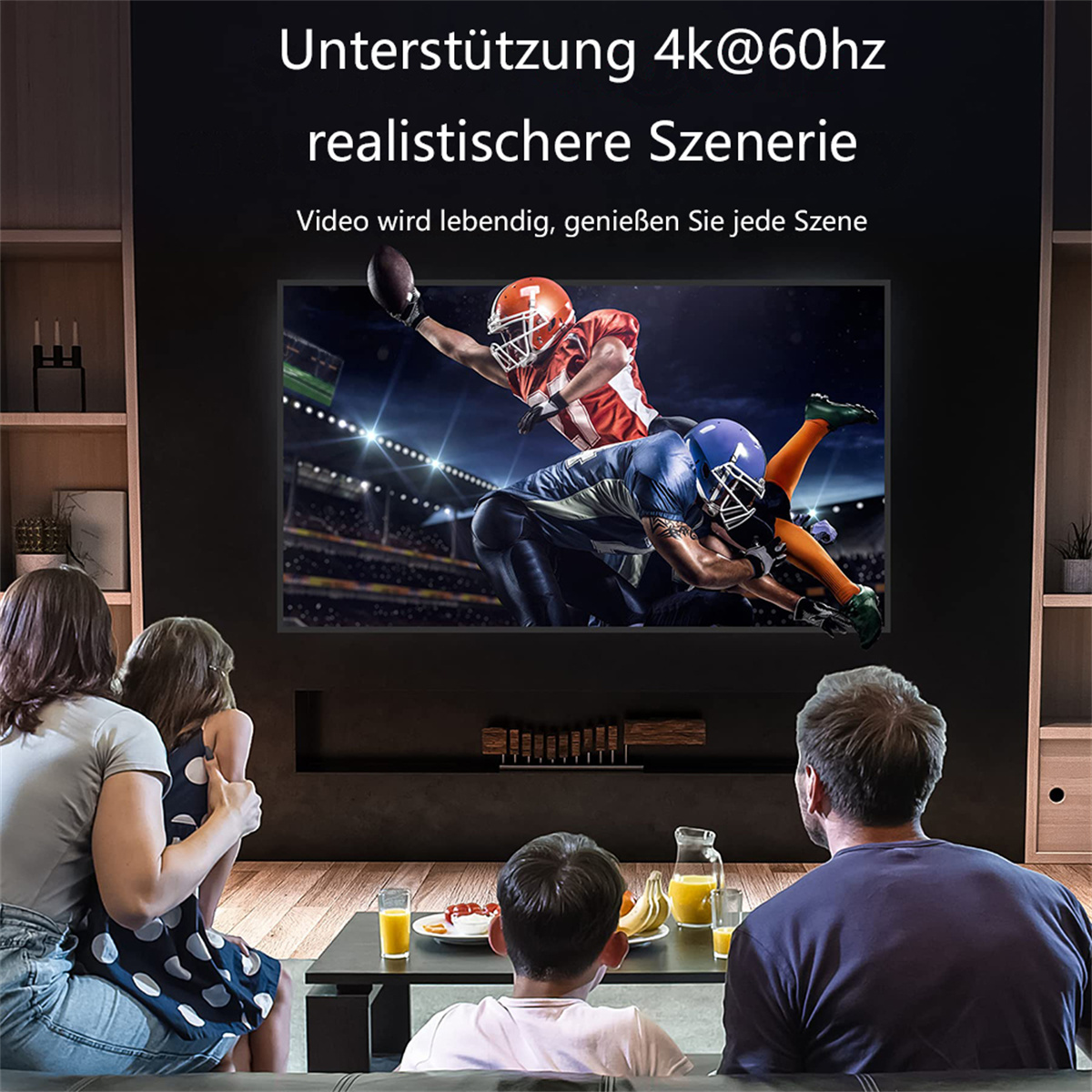 Familie schaut Fernsehen. TV zeigt American Football. Text wird auf Deutsch angezeigt.