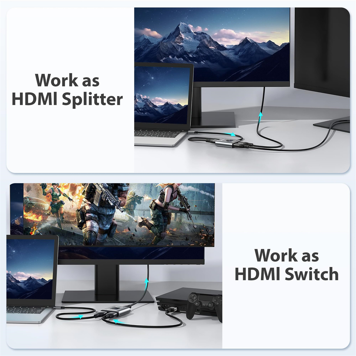 Diagramme zur Verwendung des HDMI-Switches. Zeigt, wie er als Splitter oder Switch funktioniert. Text: Arbeitet als HDMI-Splitter/Switch.
