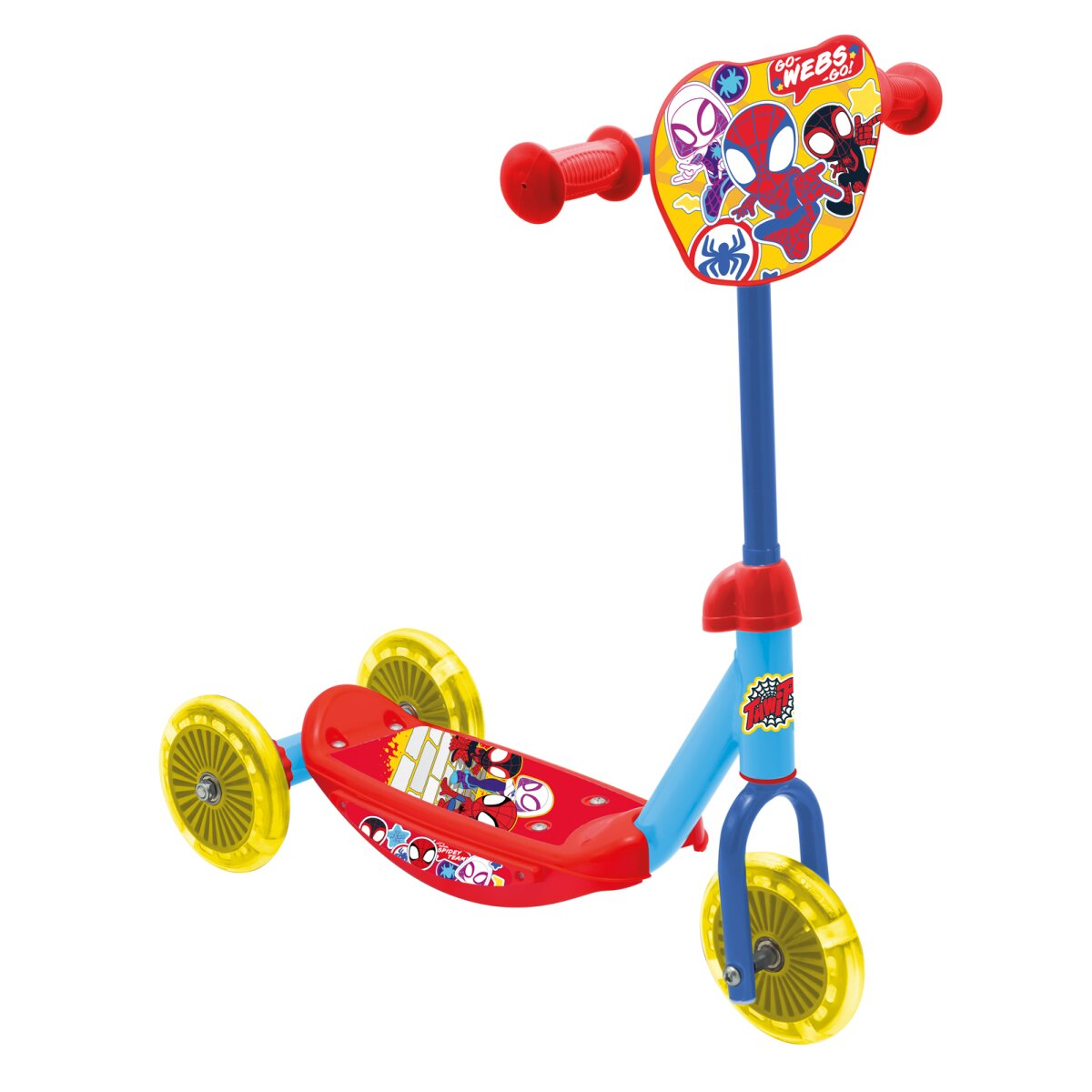 Roter, blauer und gelber Spider-Man-Roller. Spider-Man-Grafiken auf der Vorderseite und dem Deck. Drei Räder.