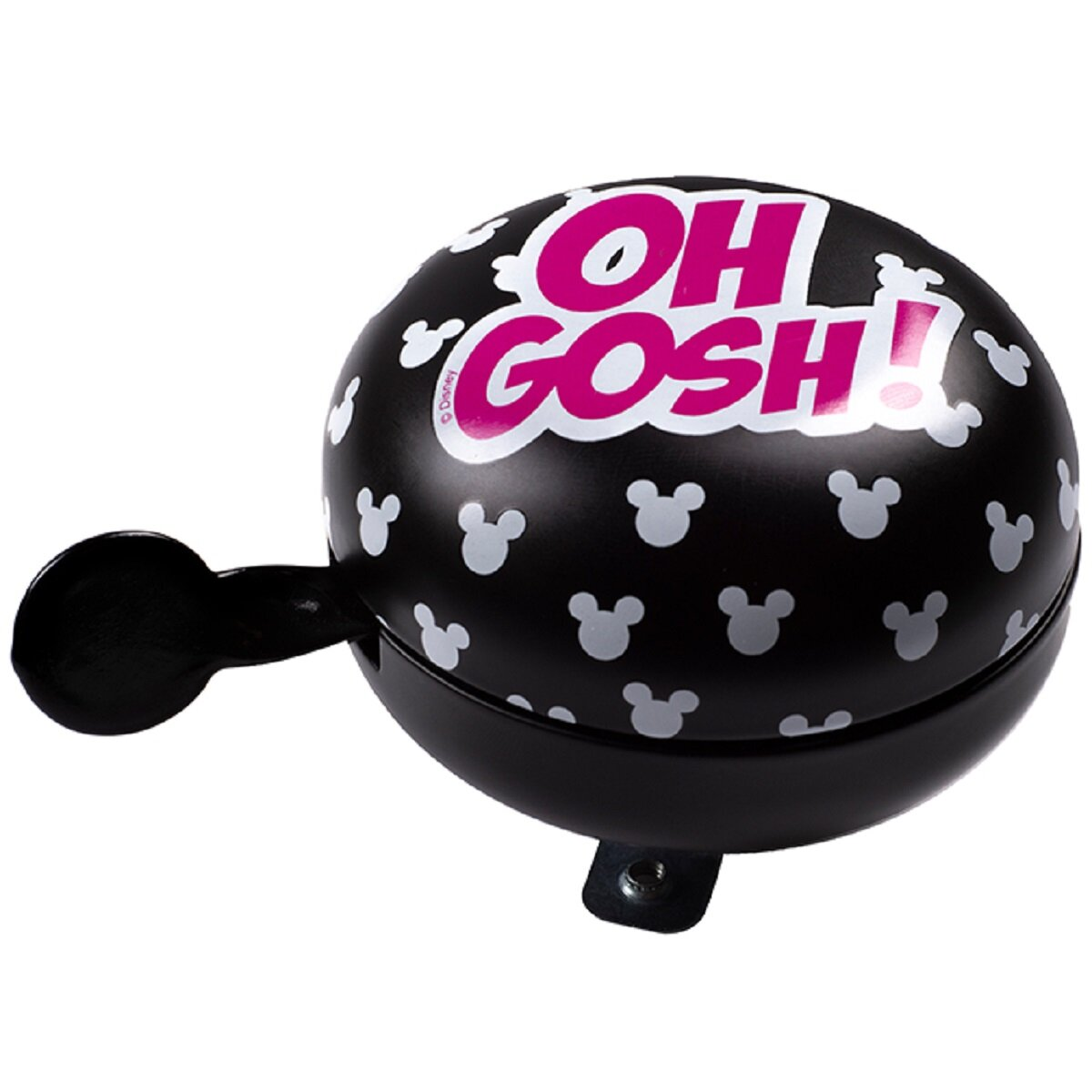 Schwarze Fahrradklingel mit weißen Mickey Mouse Köpfen und dem Schriftzug 'OH GOSH!' in Pink. Schwarzer Griff.