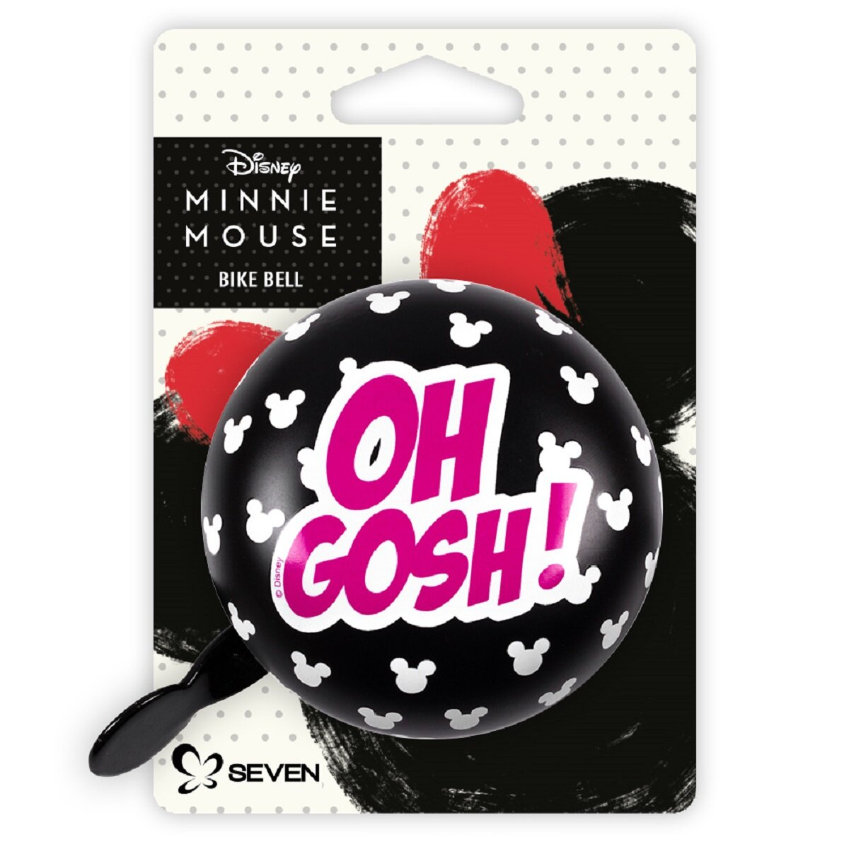 Minnie Mouse Fahrradklingel in der Verpackung. Schwarze Glocke mit weißen Mickey Mouse Köpfen und pinkfarbenem Text: 'OH GOSH!'