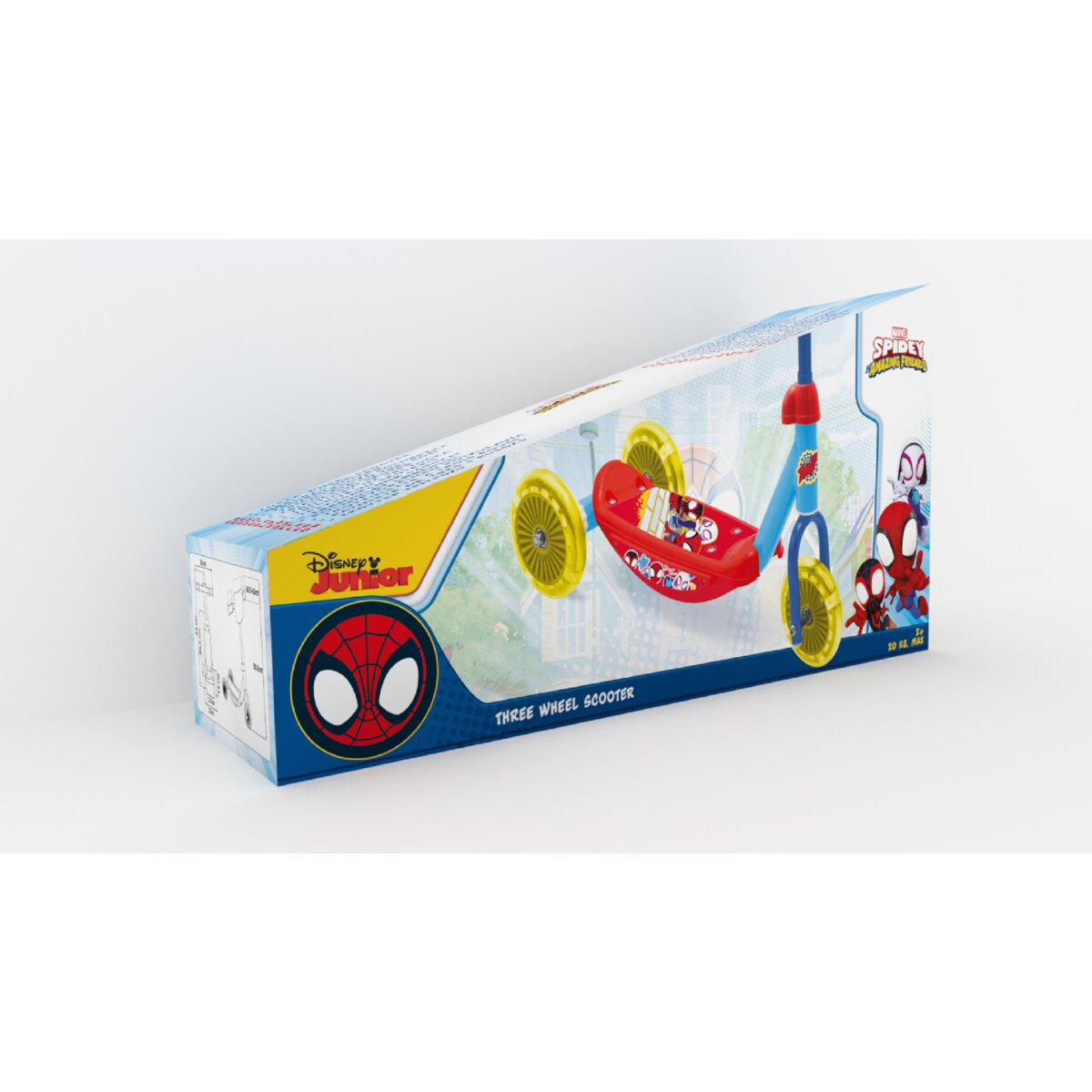 Spider-Man Dreirad-Roller in der Box. Blaues und rotes Design. Weißer Hintergrund.