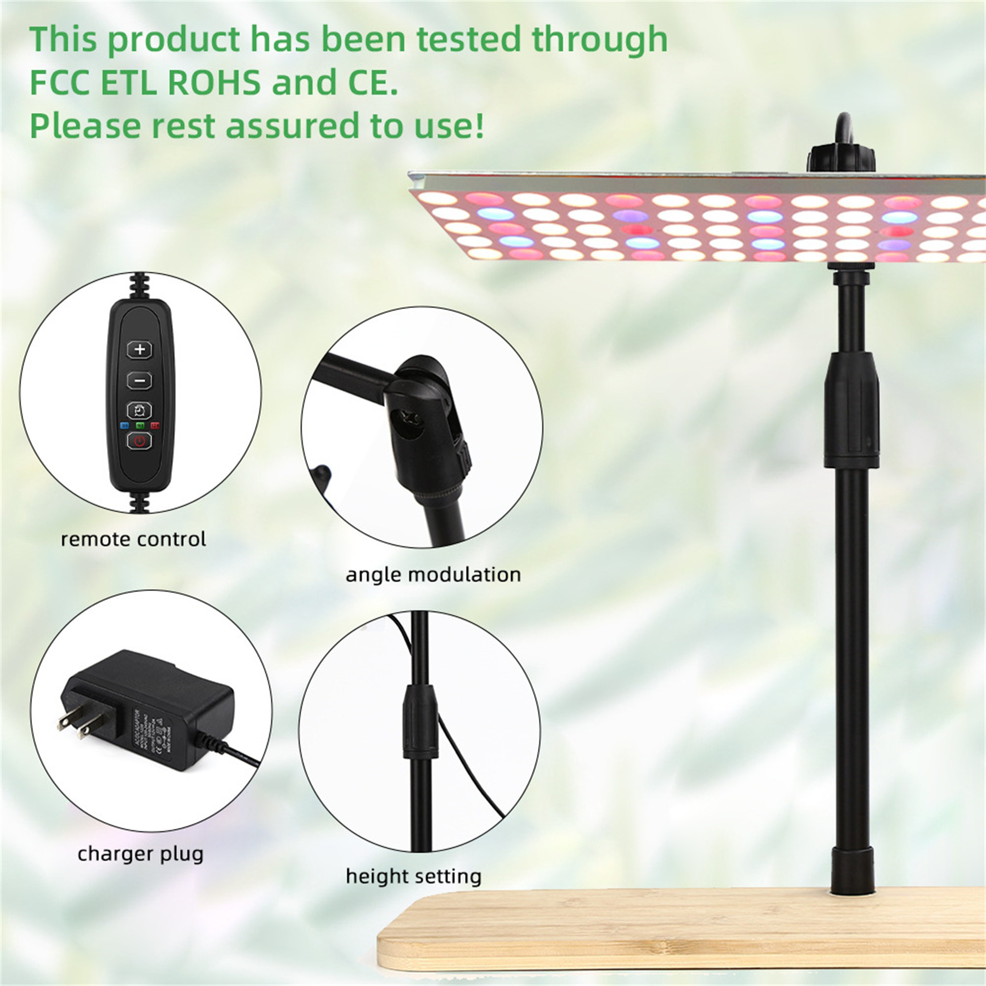 LED-Wachstumslampe mit verschiedenen Teilen. Text: Fernbedienung, Winkelmodulation, Ladestecker, Höheneinstellung.