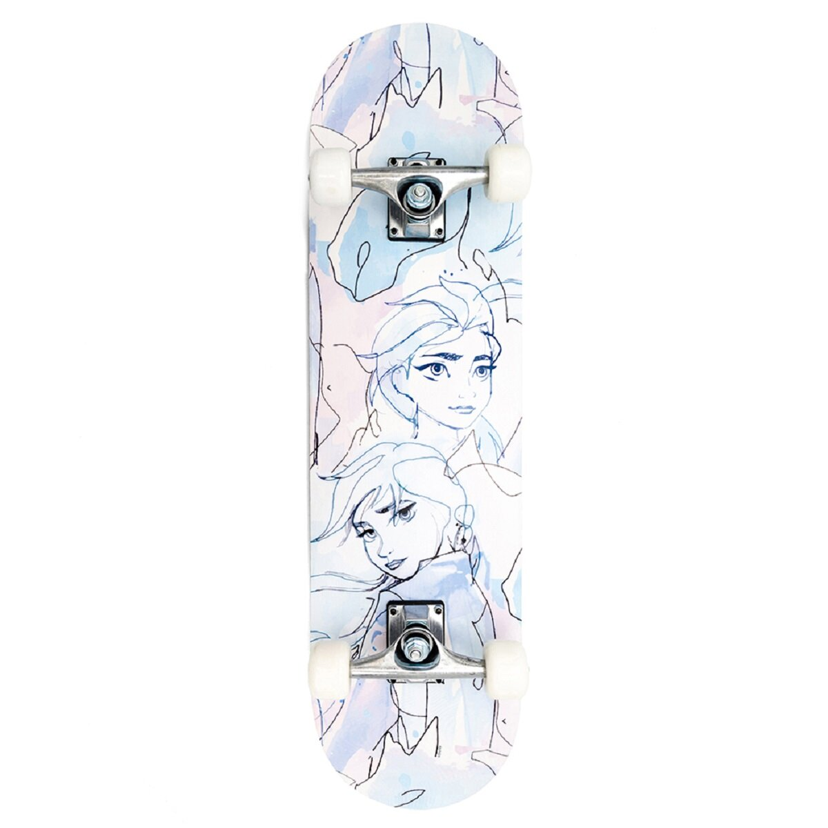Skateboard mit einer Zeichnung von zwei Frauen darauf. Weißer Hintergrund.