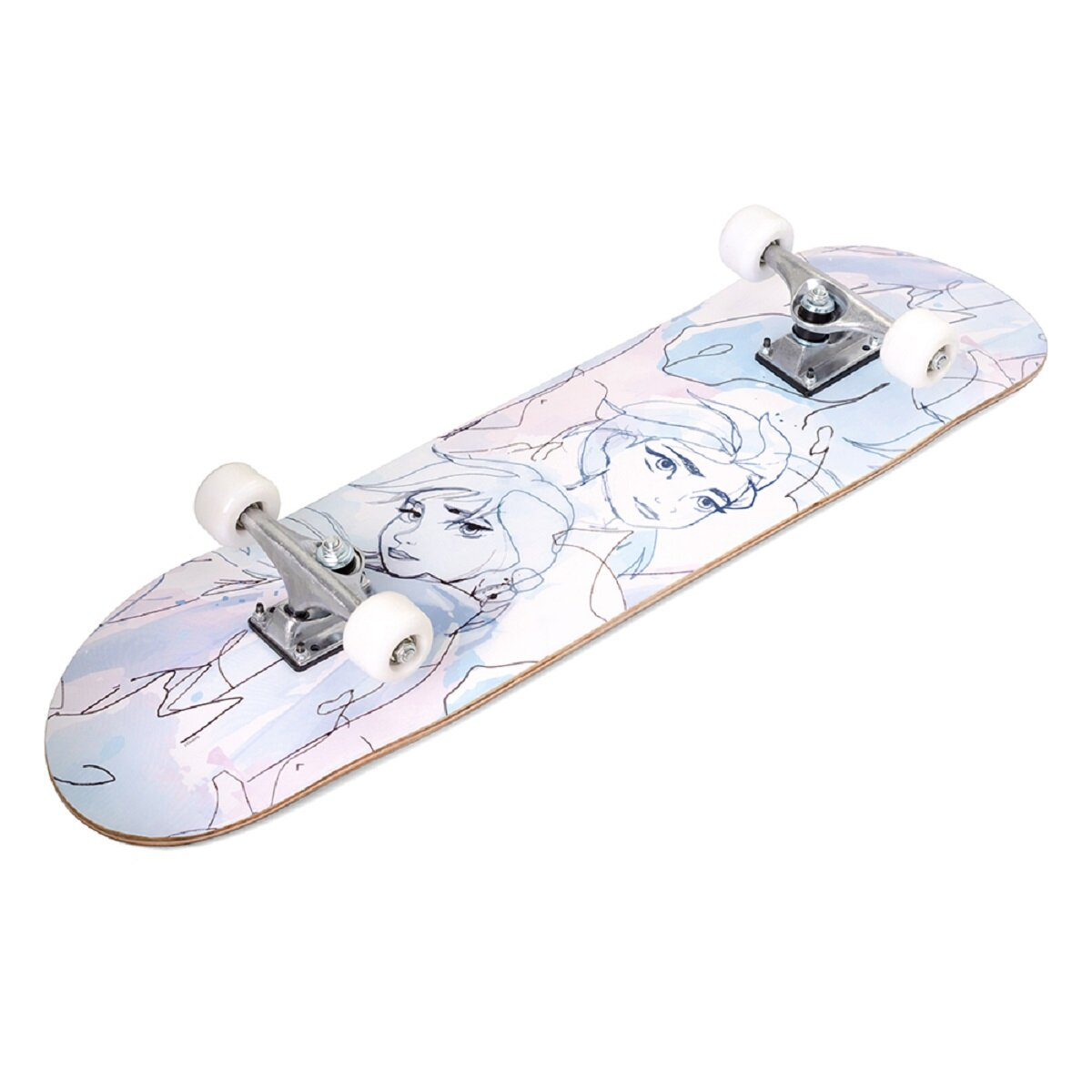 Skateboard mit einer Zeichnung von zwei Frauen darauf. Weißer Hintergrund.